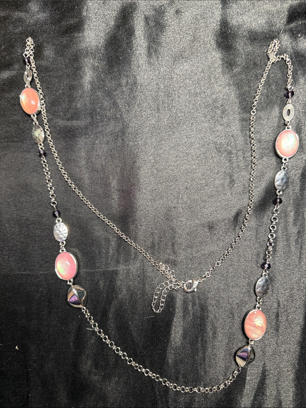 Long Pink and Silver Layered Necklace - Brand Not Visible